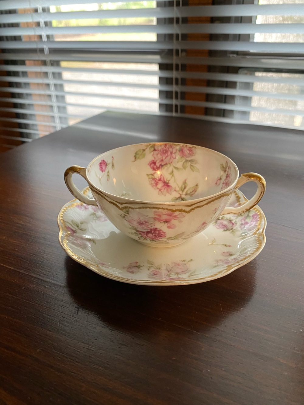 Haviland 39D Elegant Pink RosesPorcelain Bouillon Cup with Saucer